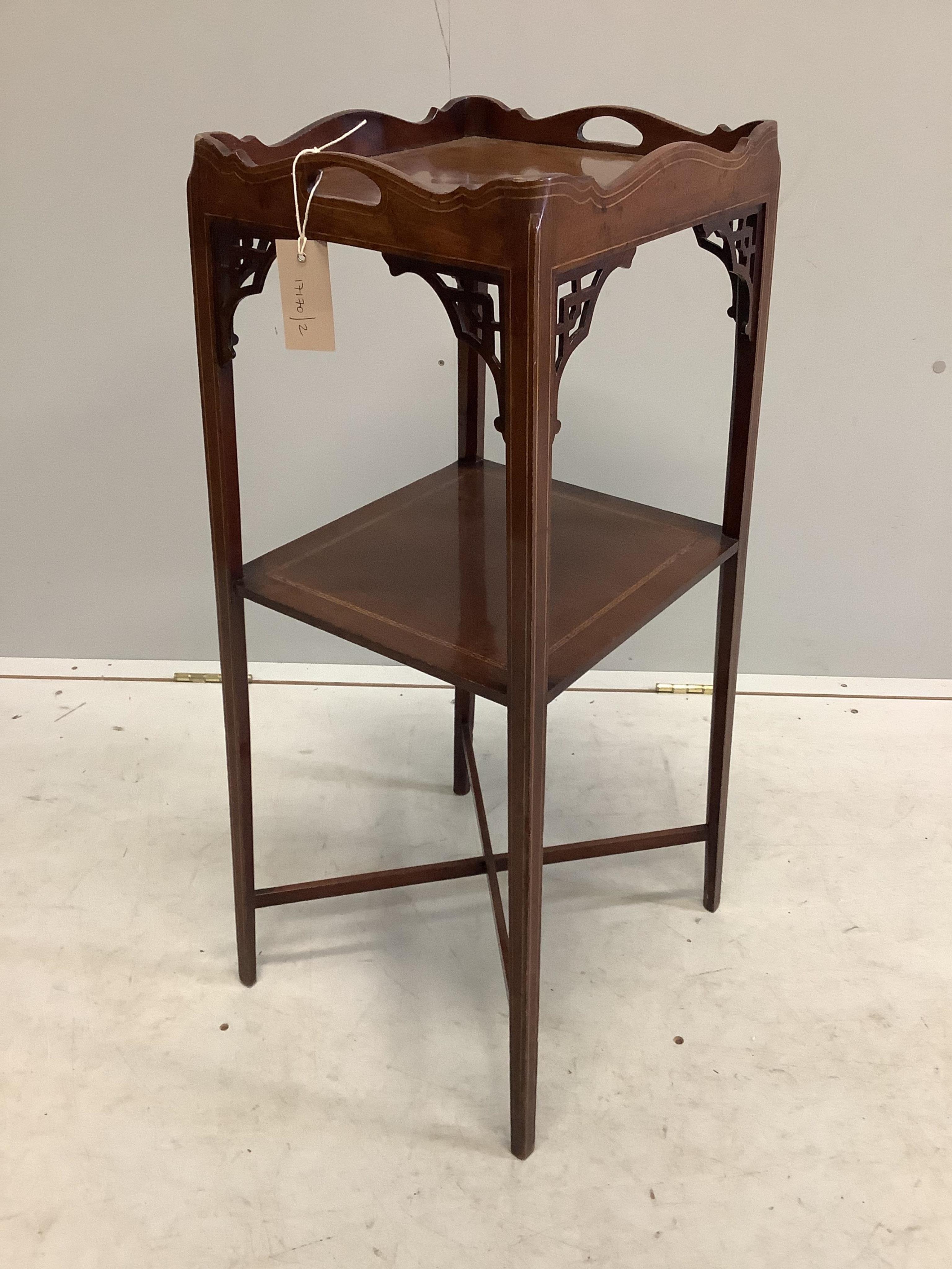 A George III mahogany two tier urn stand, width 32cm, height 79cm. Condition - fair to good